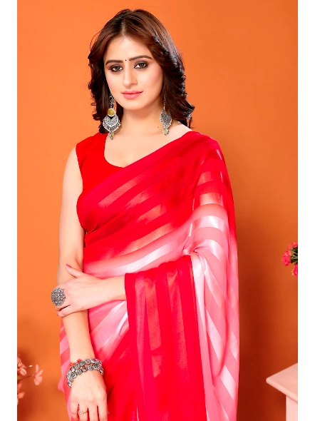 Elegant Women Striped Saree with Contrast Border-RedWhite-4