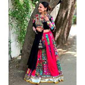 Black Cotton Print Mirror Work Gujarati Garba Navratri Lehenga Chaniya Choli