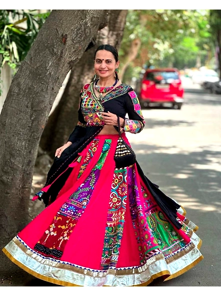 Black Cotton Print Mirror Work Gujarati Garba Navratri Lehenga Chaniya Choli-Black-3