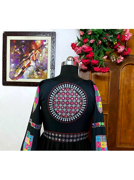 Black Cotton Print Mirror Work Gujarati Garba Navratri Lehenga Chaniya Choli-Black-4