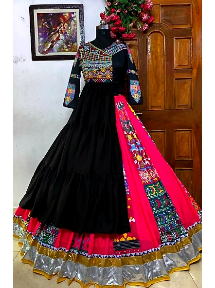 Black Cotton Print Mirror Work Gujarati Garba Navratri Lehenga Chaniya Choli-Black-5