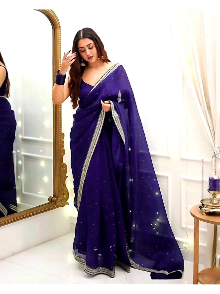 Beads &amp; Stones Saree with Sequin Thread Embroidery-SN-407