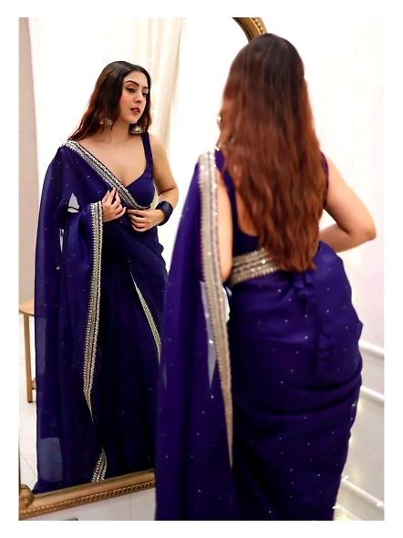 Beads &amp; Stones Saree with Sequin Thread Embroidery-Blue-1