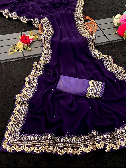Beads &amp; Stones Saree with Sequin Thread Embroidery-Blue-2