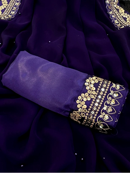 Beads &amp; Stones Saree with Sequin Thread Embroidery-Blue-3
