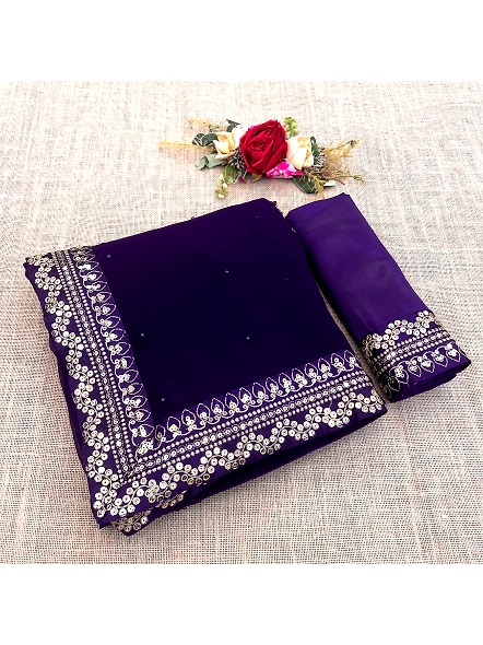 Beads &amp; Stones Saree with Sequin Thread Embroidery-Blue-5
