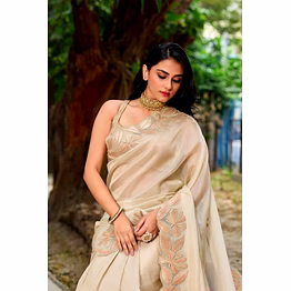 shiv beige tissue floral applique saree with embroidered border