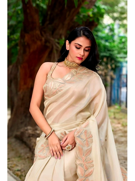 beige tissue saree