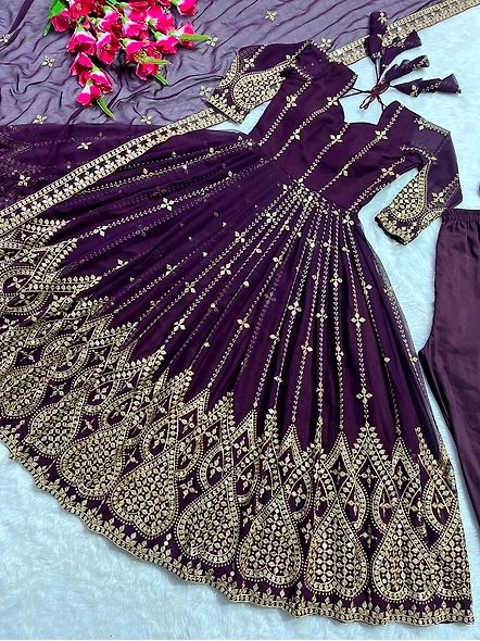 Purple Georgette Embroidery Sequence Anarkali Suit