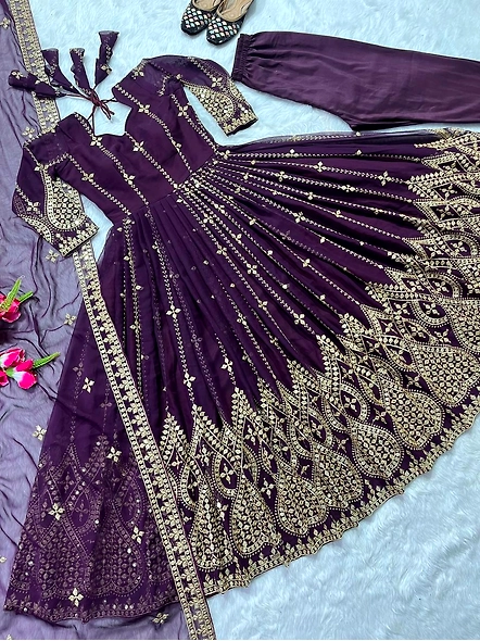 Purple Georgette Embroidery Sequence Anarkali Suit