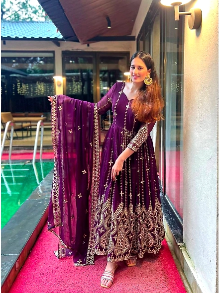 purple Georgette Anarkali suit adorned with beautiful embroidery and sequins.