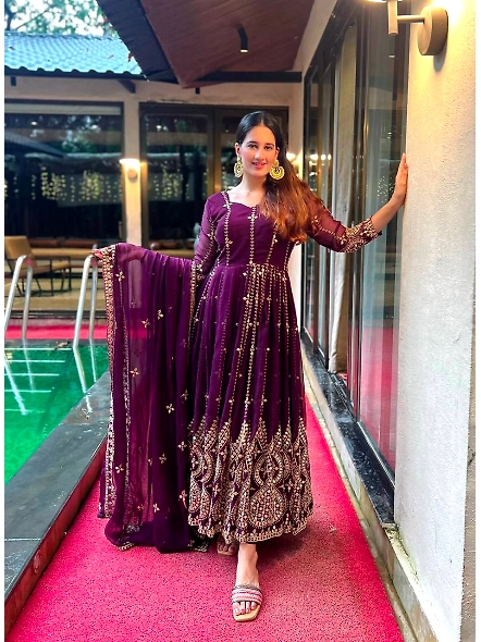 purple Anarkali suit, crafted from Georgette with exquisite embroidery and sequins.