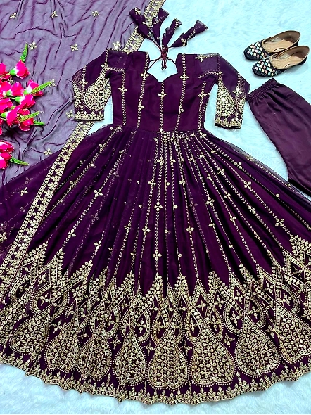 Purple Georgette Embroidery Sequence Anarkali Suit