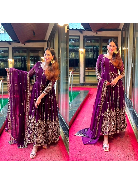 purple Georgette Anarkali suit with intricate embroidery and sequins.