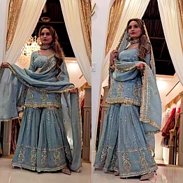 nency tex chinon silk embroidered sharara suit