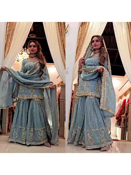Gray Chinon silk sharara set