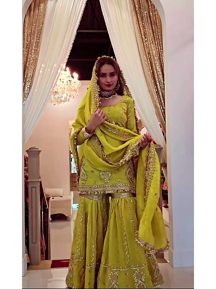 Green Chinon silk sharara set