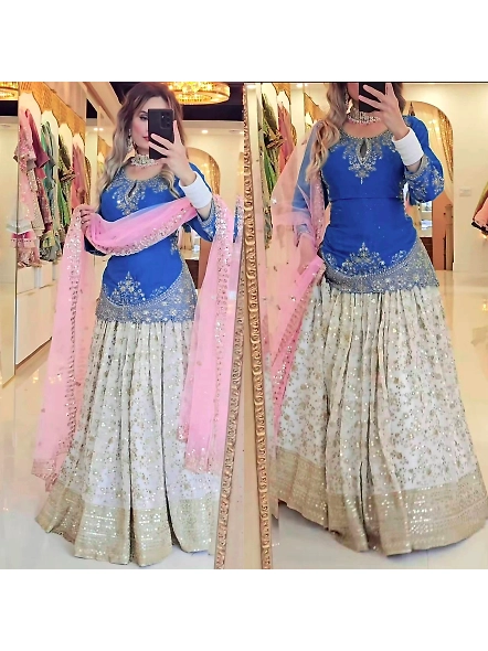 Cyan Chinon Silk Lehenga for Celebrations