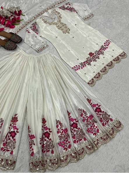 Traditional Kurta Sharara Palazzo Set with Lace Borders