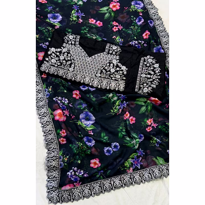 binal tex floral print georgette saree with lace border