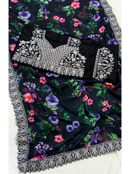 Floral Print Georgette Saree with Lace Border