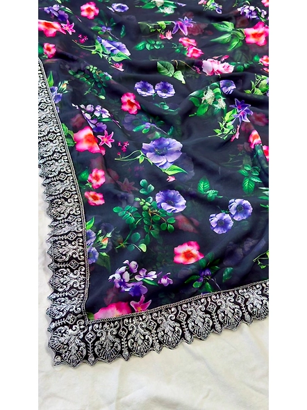 Floral Print Georgette Saree with Lace Border