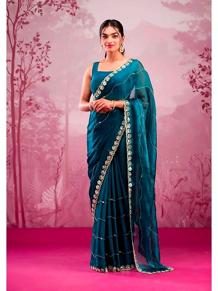 Cyan burberry silk saree