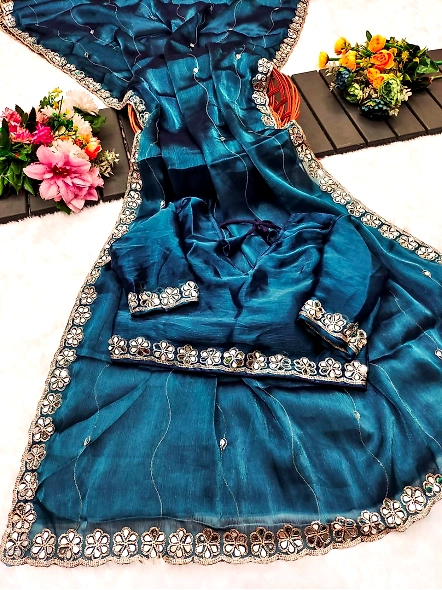 Cyan mirror work saree
