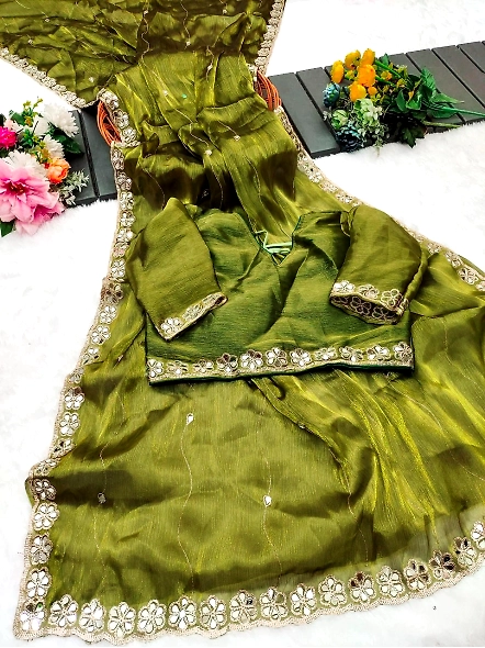 Green mirror work saree