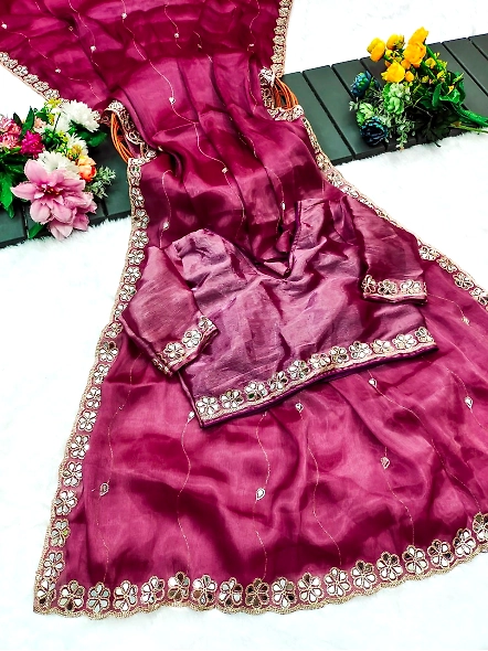 Rose mirror work saree