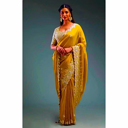 binal tex yellow sequins embroidered crunchy saree