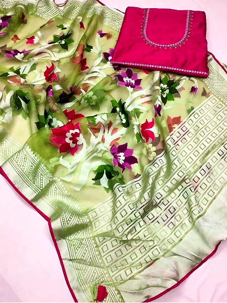 Green Brasso Silk Saree with Embroidered