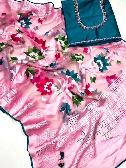 Pink Brasso Silk Saree with Embroidered