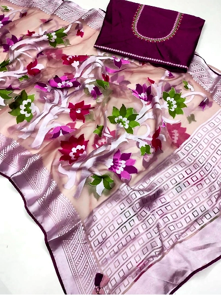 Purple Brasso Silk Saree with Embroidered