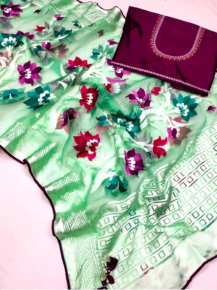 Teal Brasso Silk Saree with Embroidered