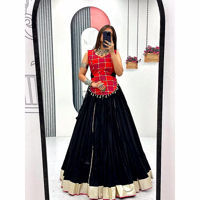 tiny tex black cotton navratri lehenga choli with print work