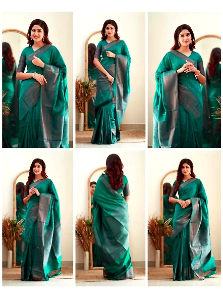 Cyan Zari border saree