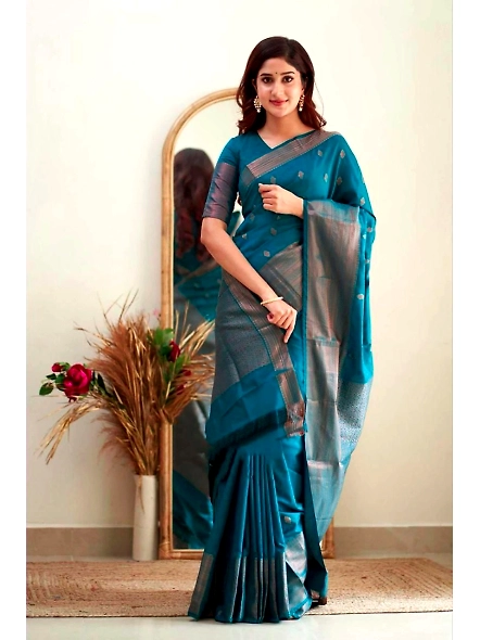 Teal Teal Woven Banarasi silk saree