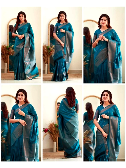 Teal Zari border saree