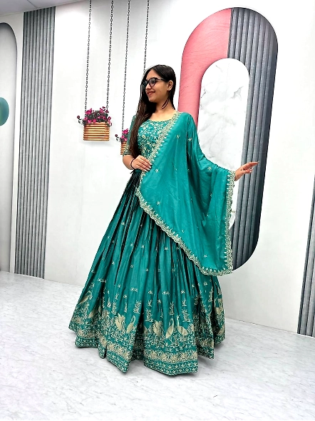 Cyan Chinon Silk Lehenga