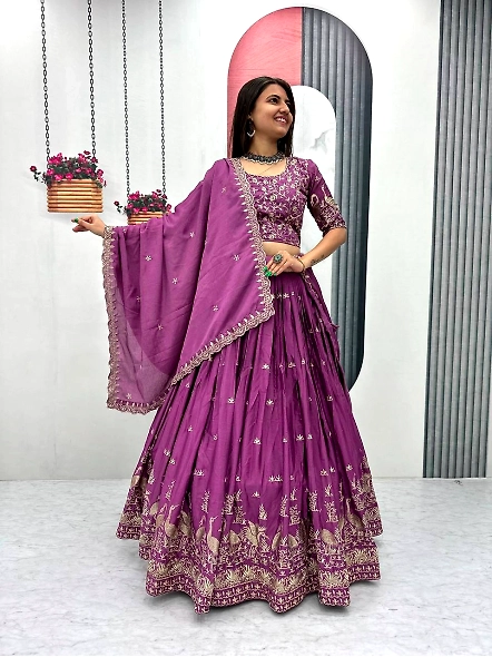 Lavender Chinon Silk Lehenga