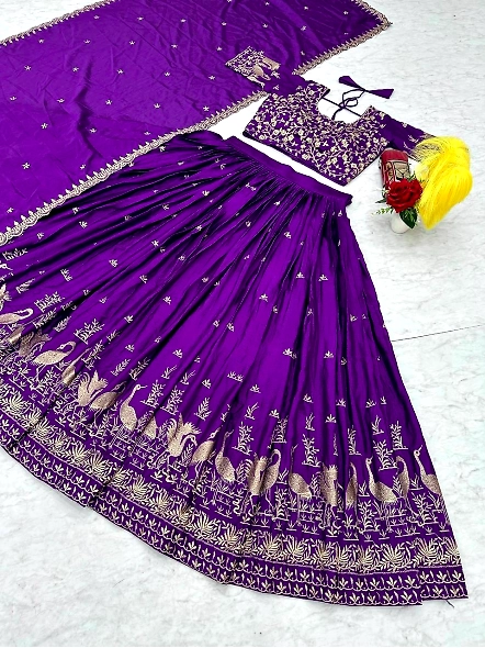 Purple Chinon Lehenga Choli