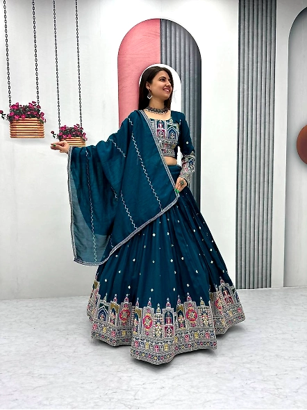 Cyan Vichitra Silk Lehenga