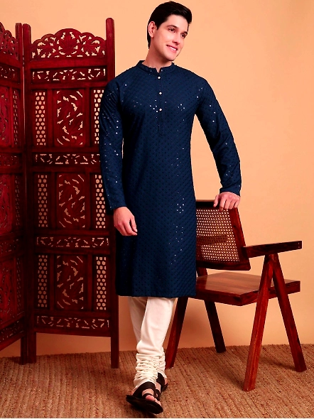 Blue Men embellished long kurta
