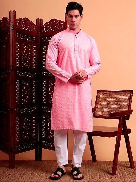 Pink Men embellished long kurta