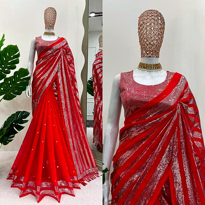 kinjal textiles red georgette saree for women