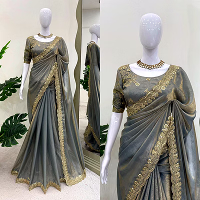 kinjal textiles grey fendi saree with thread and sequence