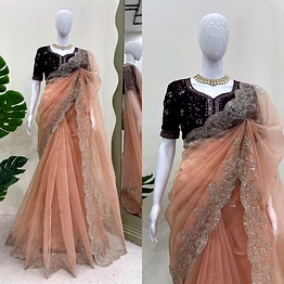 kinjal textiles brown organza saree