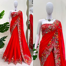 kinjal textiles red georgette saree with thread and sequence