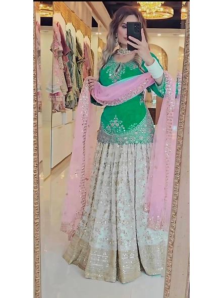 Green Chinon Silk Lehenga for Celebrations